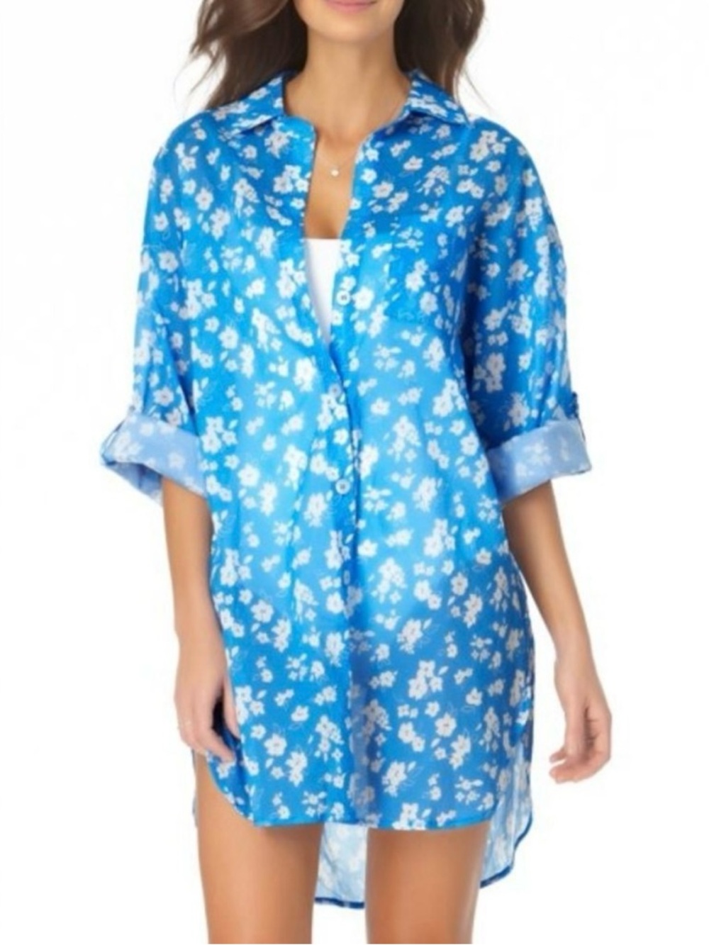 Anne Cole Button Down Floral Shirt Top Swim Coverup